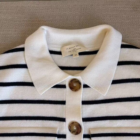 BEST Sezane Betty Cardigan XSmall Navy Ecru Striped French Wool Causal Classic - Picture 5 of 8